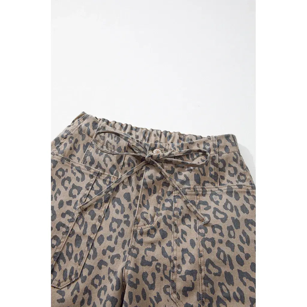 Khaki Leopard Printed Drawstring Elastic Waistband Pocketed Barrel Jeans
