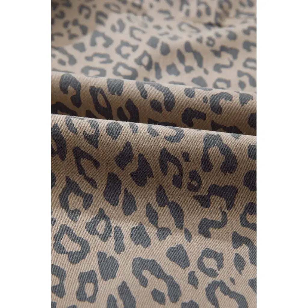 Khaki Leopard Printed Drawstring Elastic Waistband Pocketed Barrel Jeans