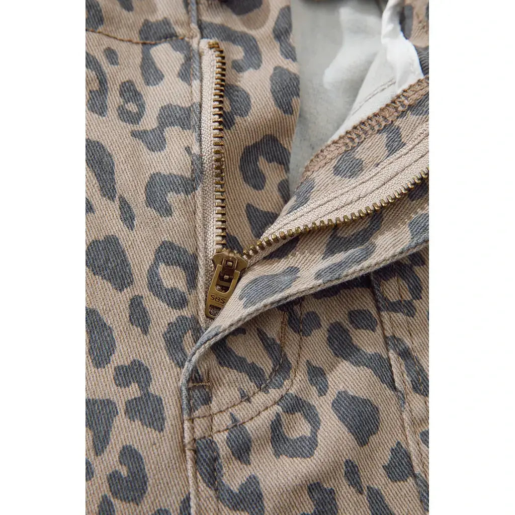 Khaki Leopard Printed Drawstring Elastic Waistband Pocketed Barrel Jeans