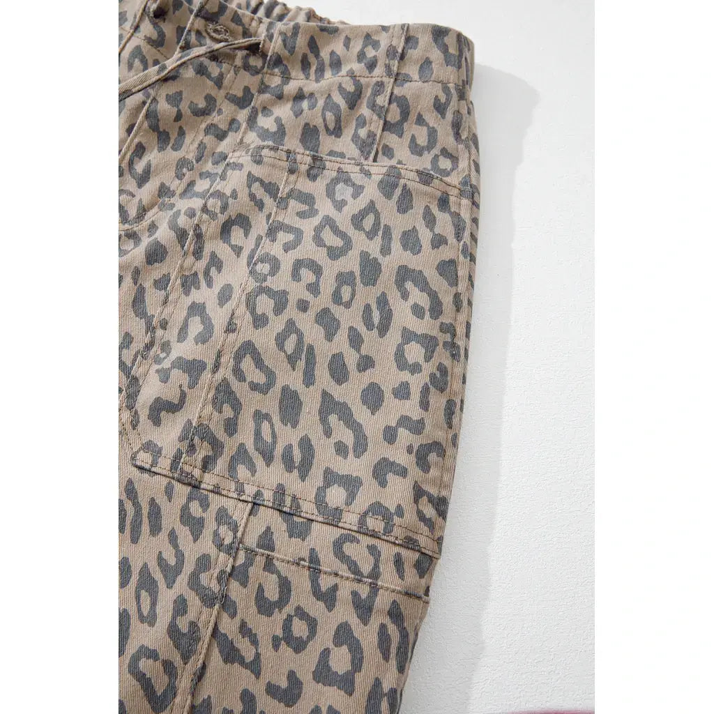 Khaki Leopard Printed Drawstring Elastic Waistband Pocketed Barrel Jeans