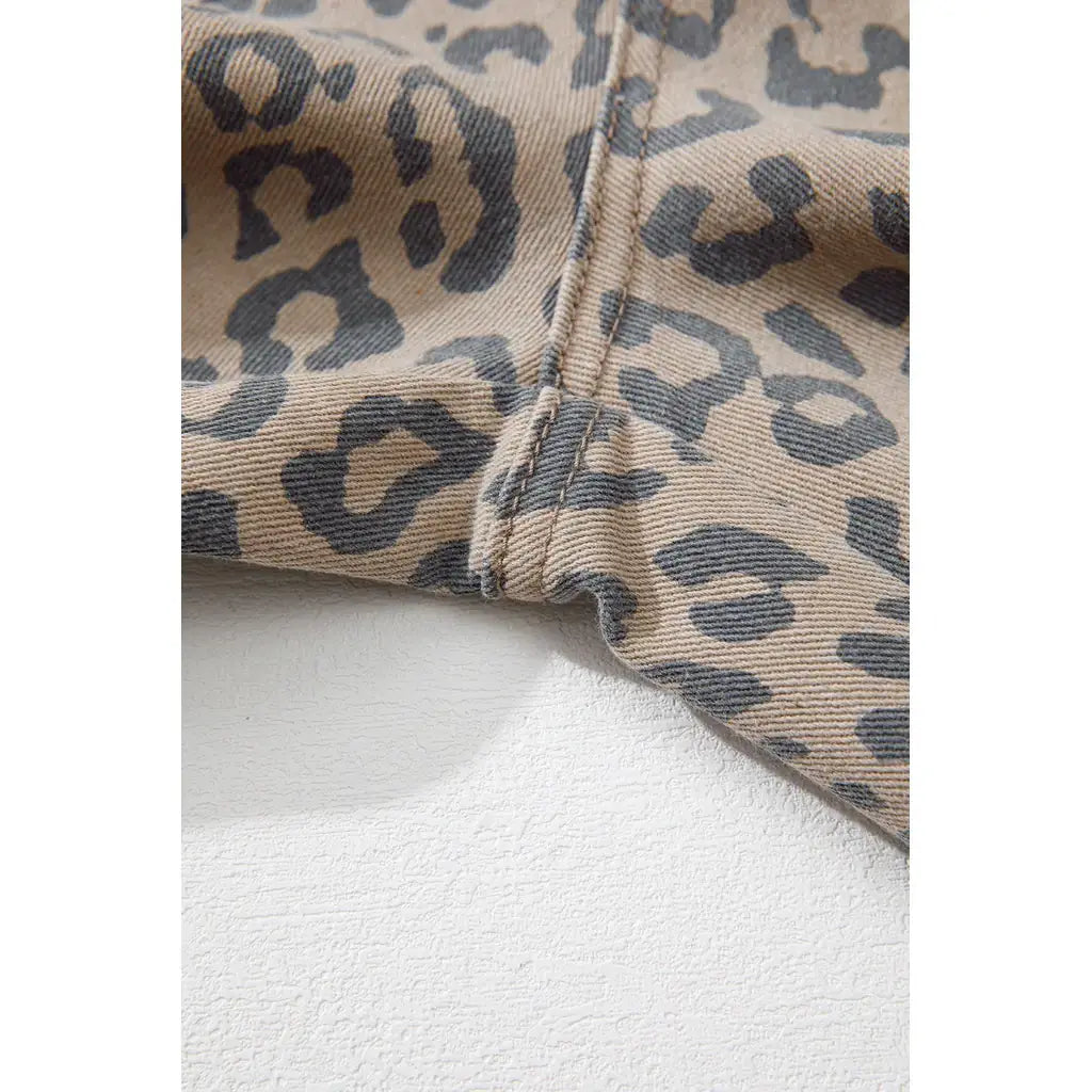 Khaki Leopard Printed Drawstring Elastic Waistband Pocketed Barrel Jeans