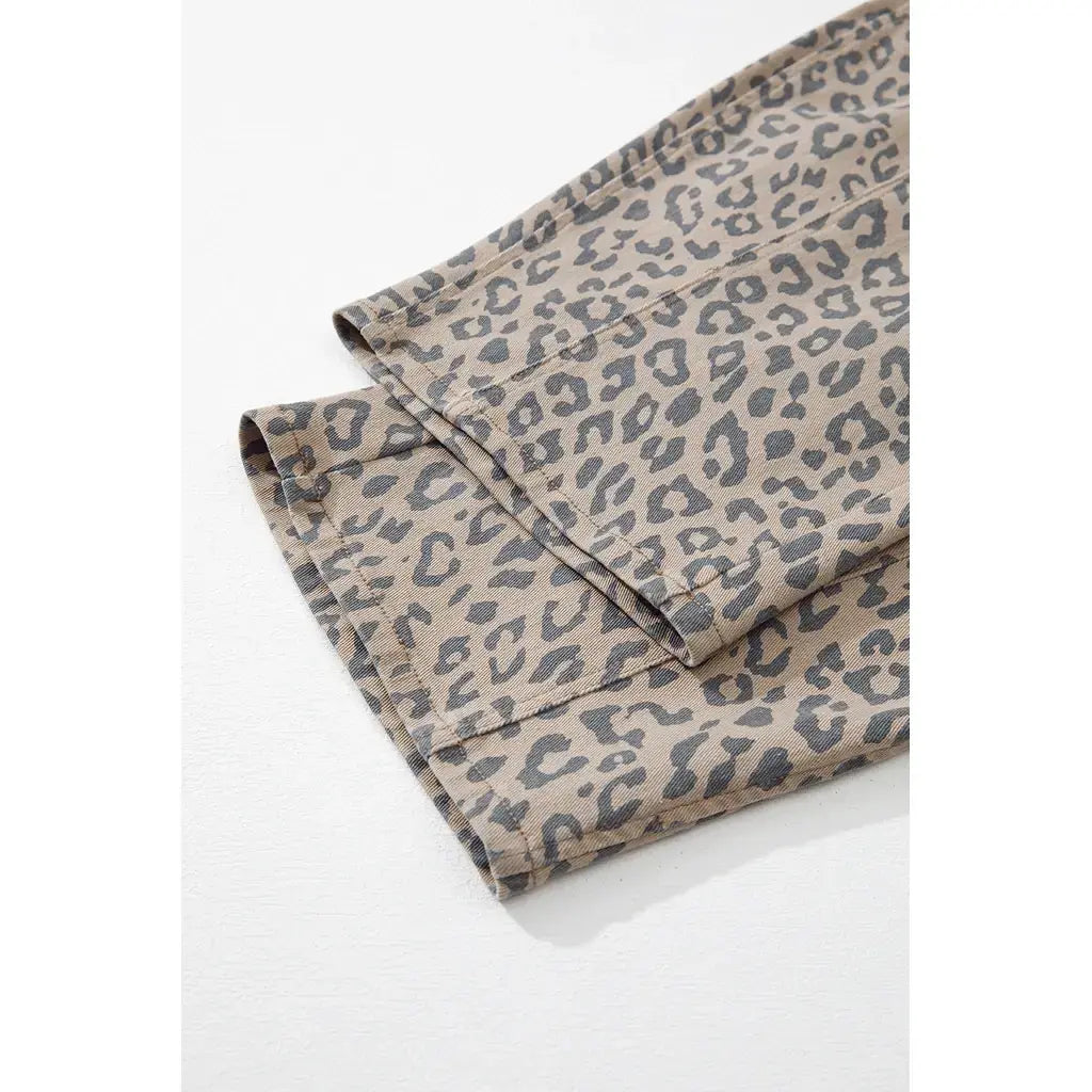 Khaki Leopard Printed Drawstring Elastic Waistband Pocketed Barrel Jeans