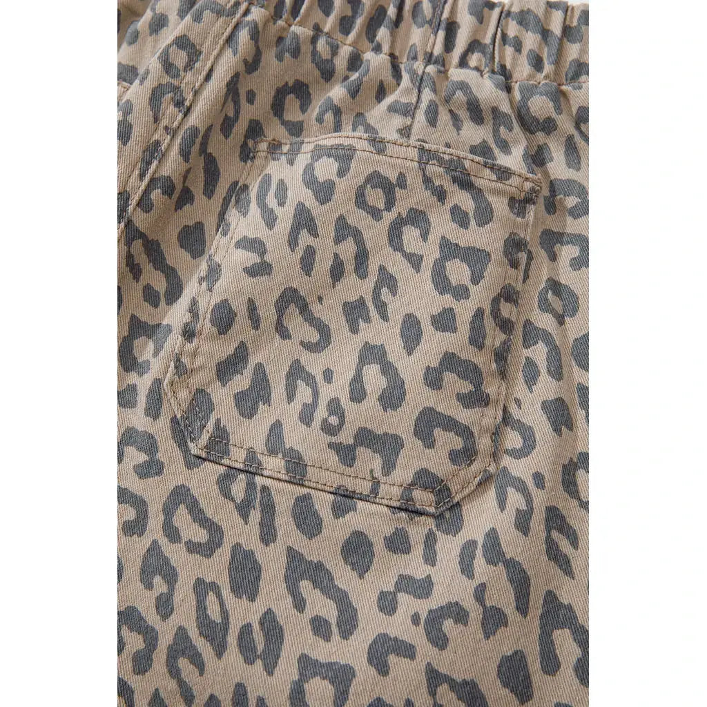 Khaki Leopard Printed Drawstring Elastic Waistband Pocketed Barrel Jeans