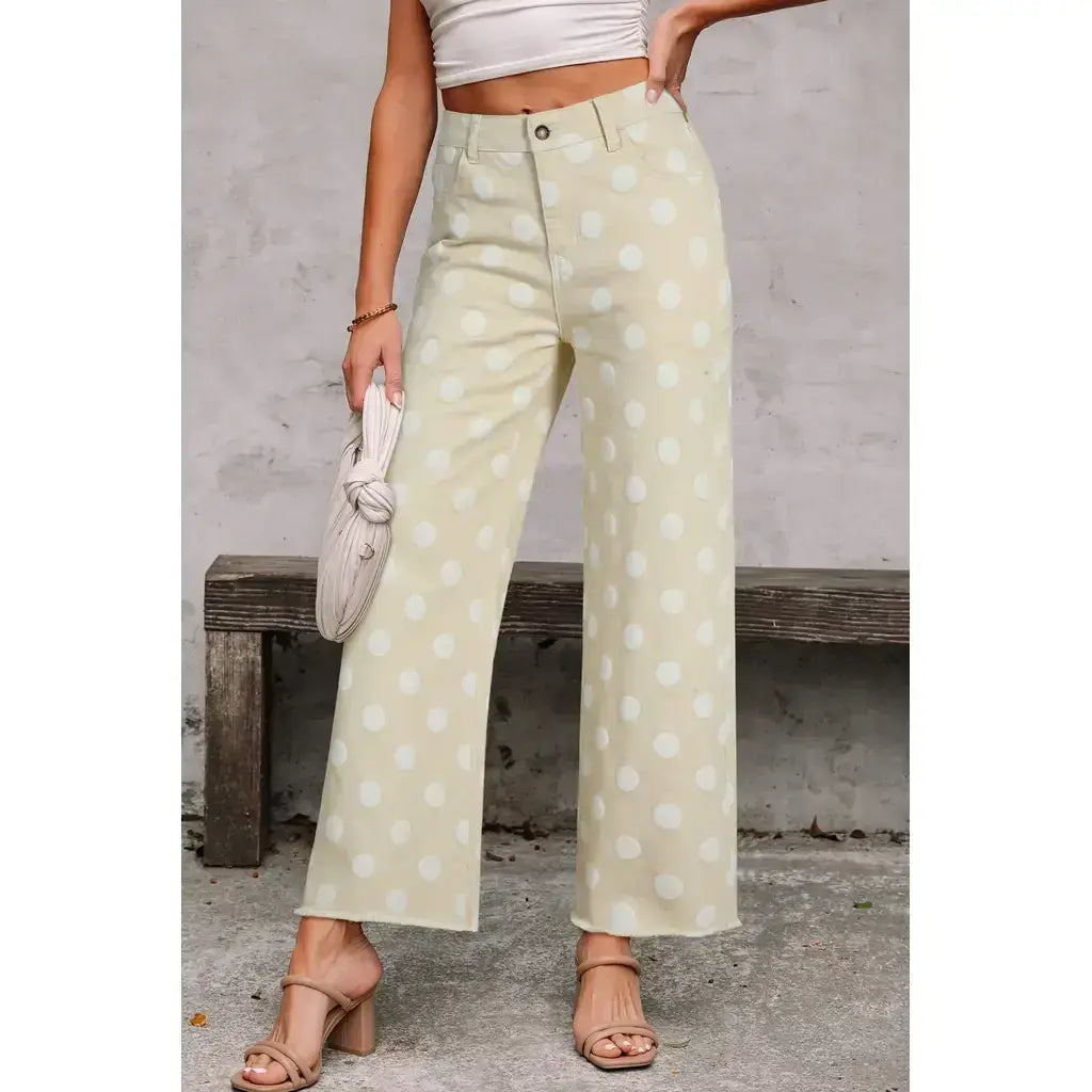 Khaki Polka Dot Print Raw Hem Shift Jeans