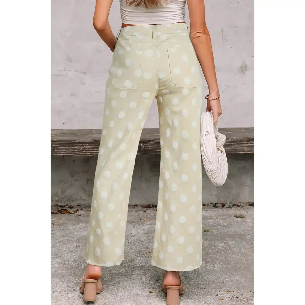 Khaki Polka Dot Print Raw Hem Shift Jeans