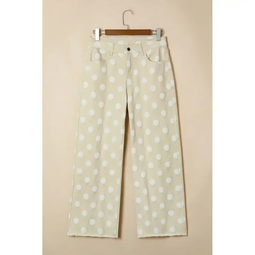 Khaki Polka Dot Print Raw Hem Shift Jeans