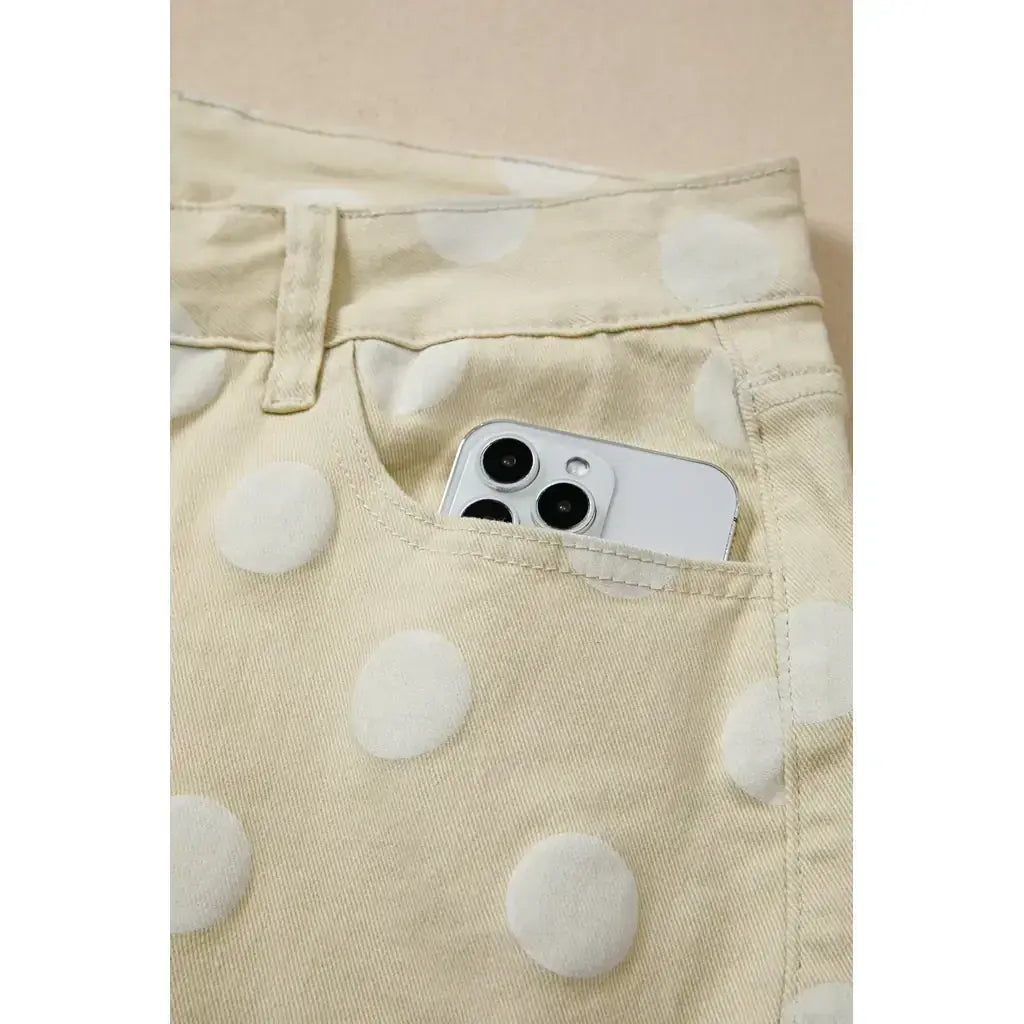 Khaki Polka Dot Print Raw Hem Shift Jeans