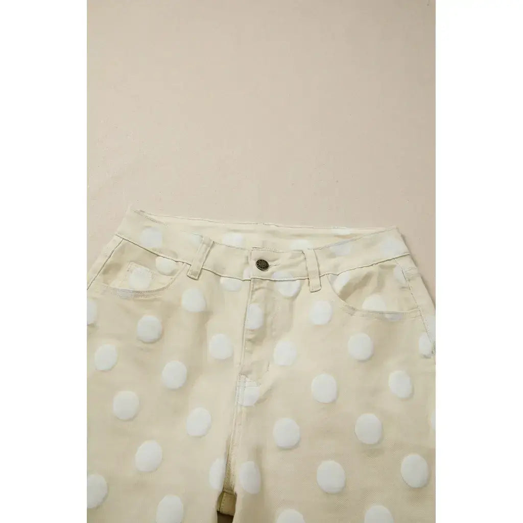 Khaki Polka Dot Print Raw Hem Shift Jeans