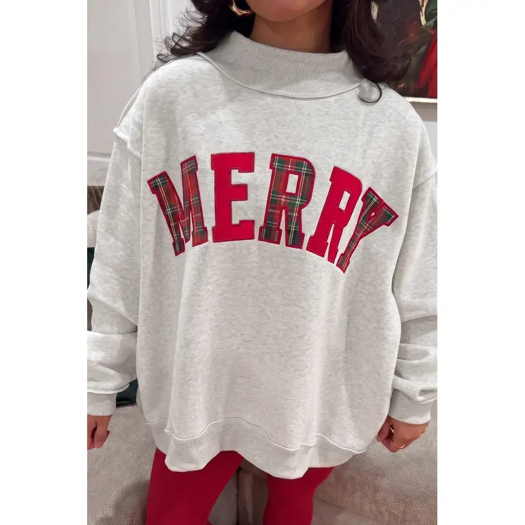 Light Grey MERRY Embroidered Letter High Neck Tunic Pullover Sweatshirt