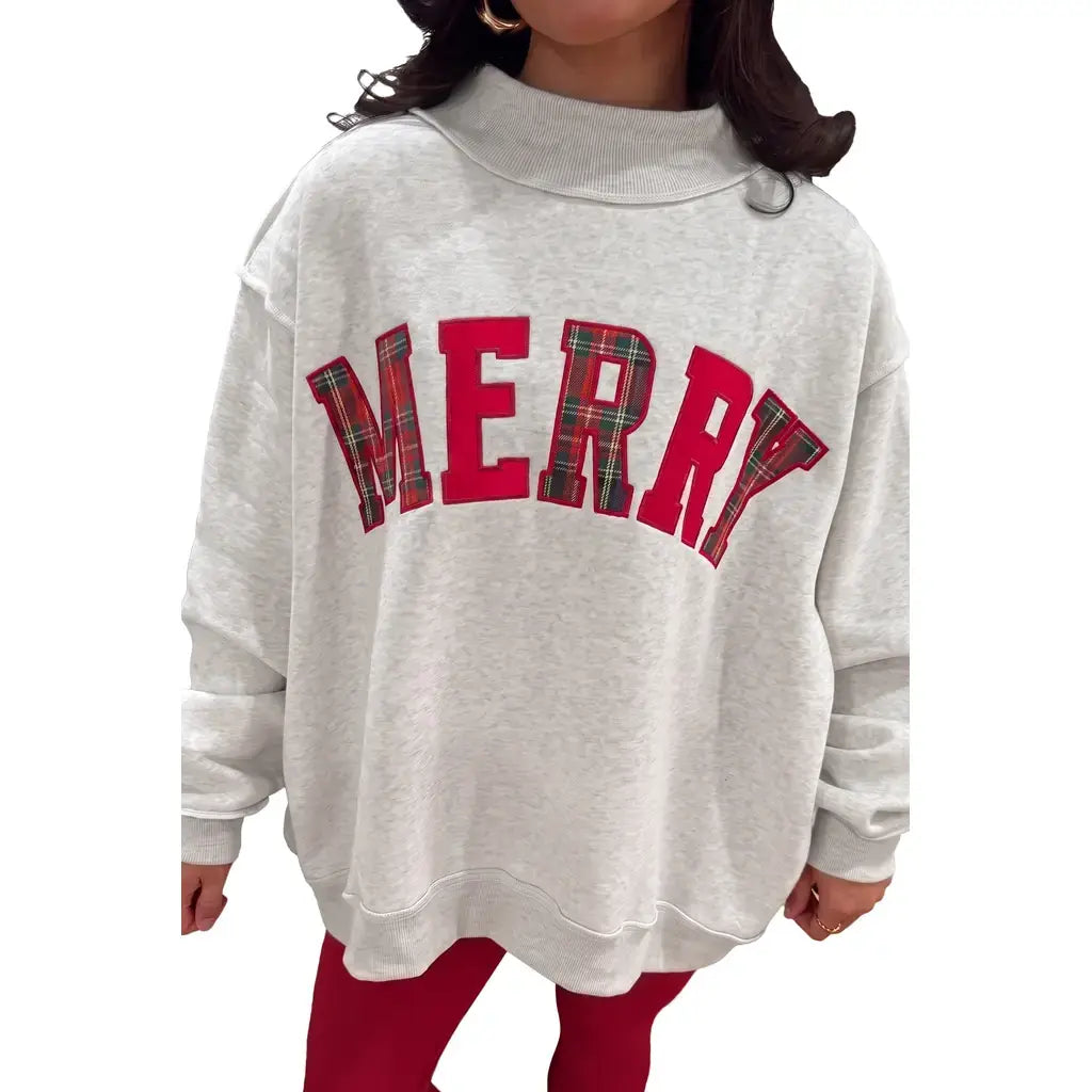 Light Grey MERRY Embroidered Letter High Neck Tunic Pullover Sweatshirt
