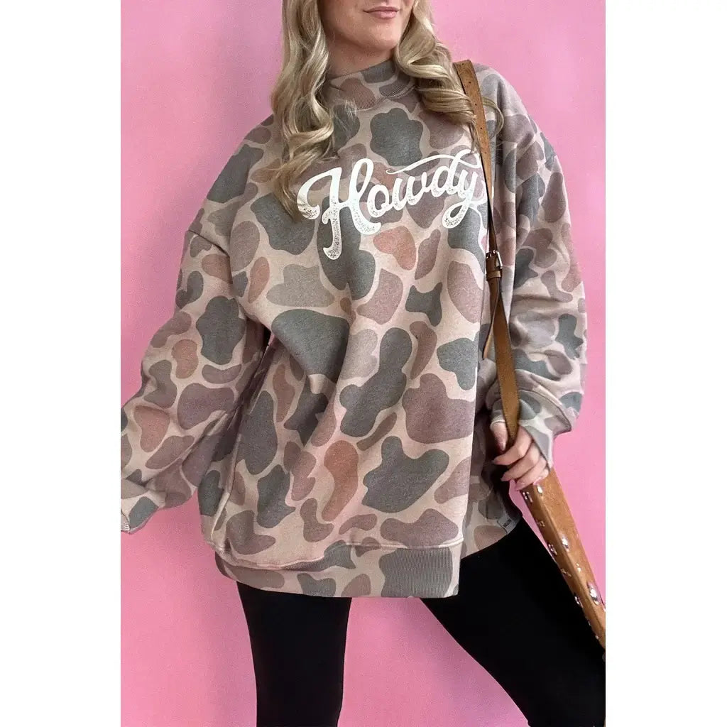Multicolour Camo Print Howdy Western Style Baggy Pullover Sweatshirt