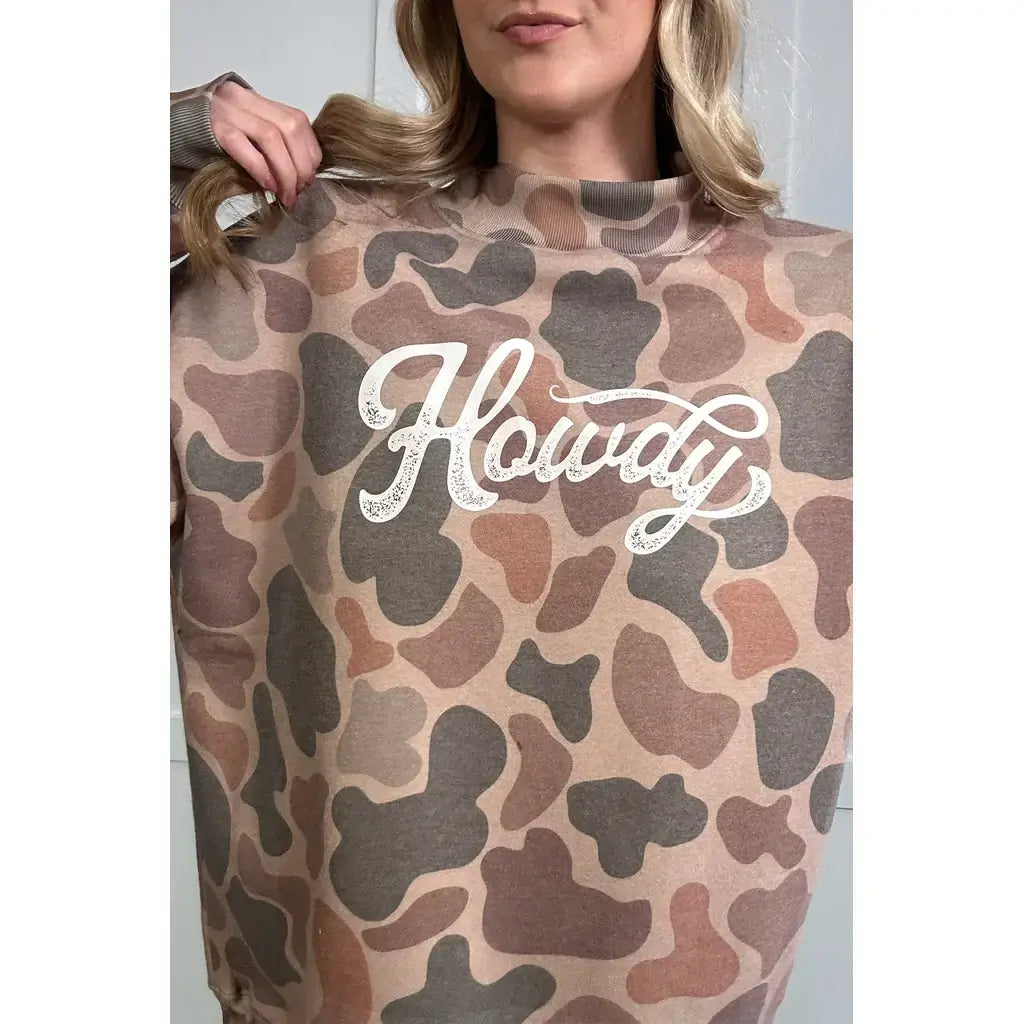 Multicolour Camo Print Howdy Western Style Baggy Pullover Sweatshirt