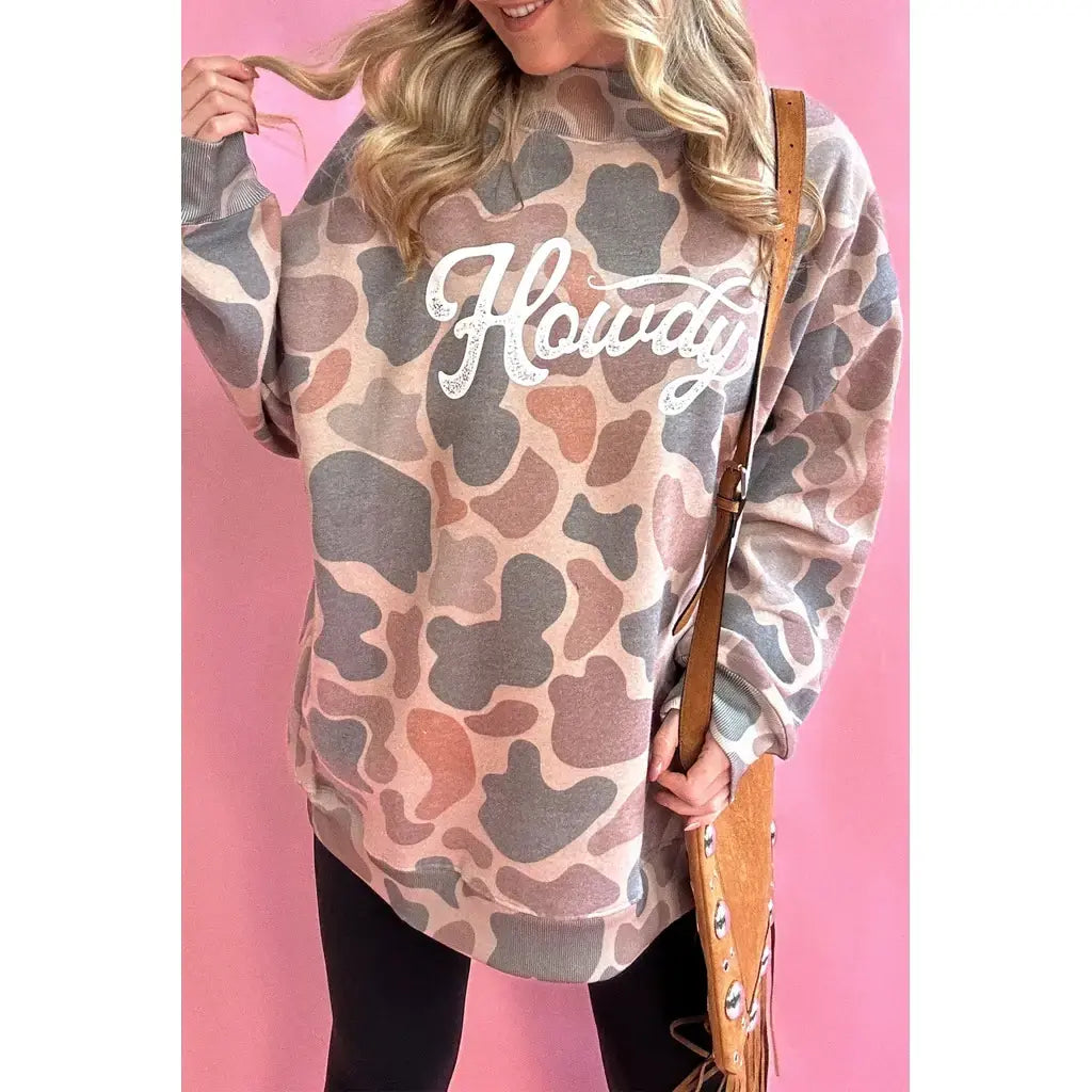 Multicolour Camo Print Howdy Western Style Baggy Pullover Sweatshirt