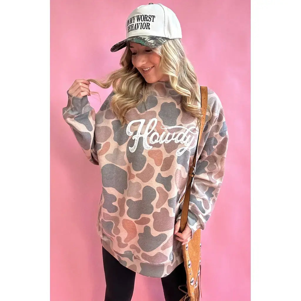 Multicolour Camo Print Howdy Western Style Baggy Pullover Sweatshirt