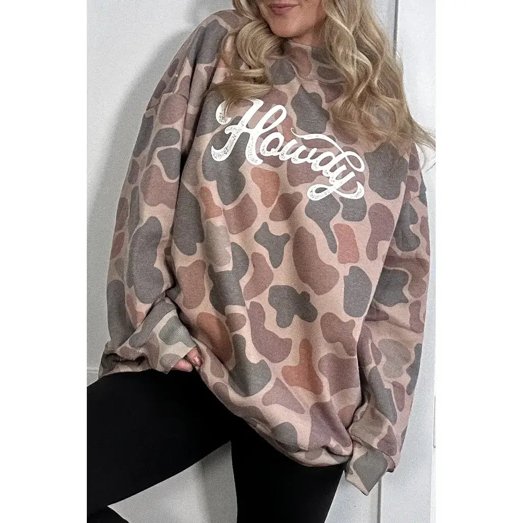 Multicolour Camo Print Howdy Western Style Baggy Pullover Sweatshirt