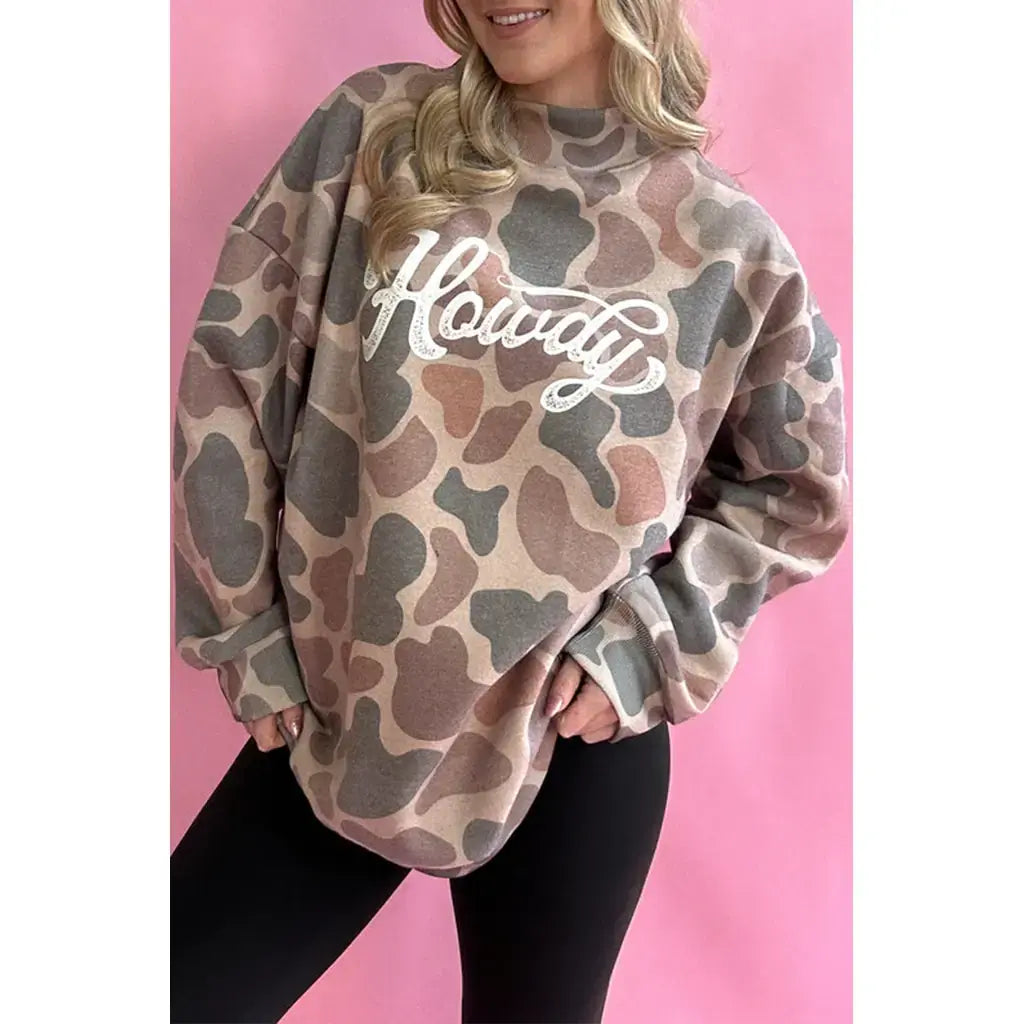Multicolour Camo Print Howdy Western Style Baggy Pullover Sweatshirt