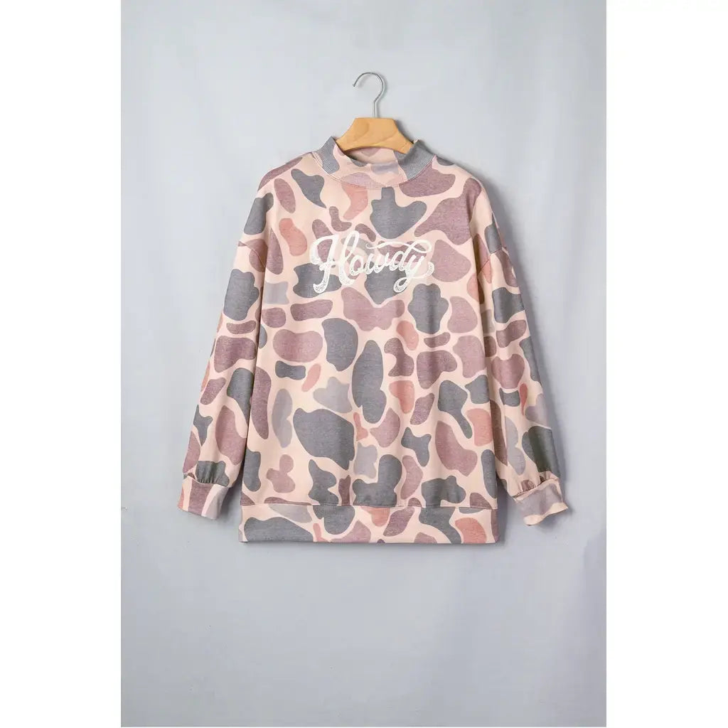 Multicolour Camo Print Howdy Western Style Baggy Pullover Sweatshirt