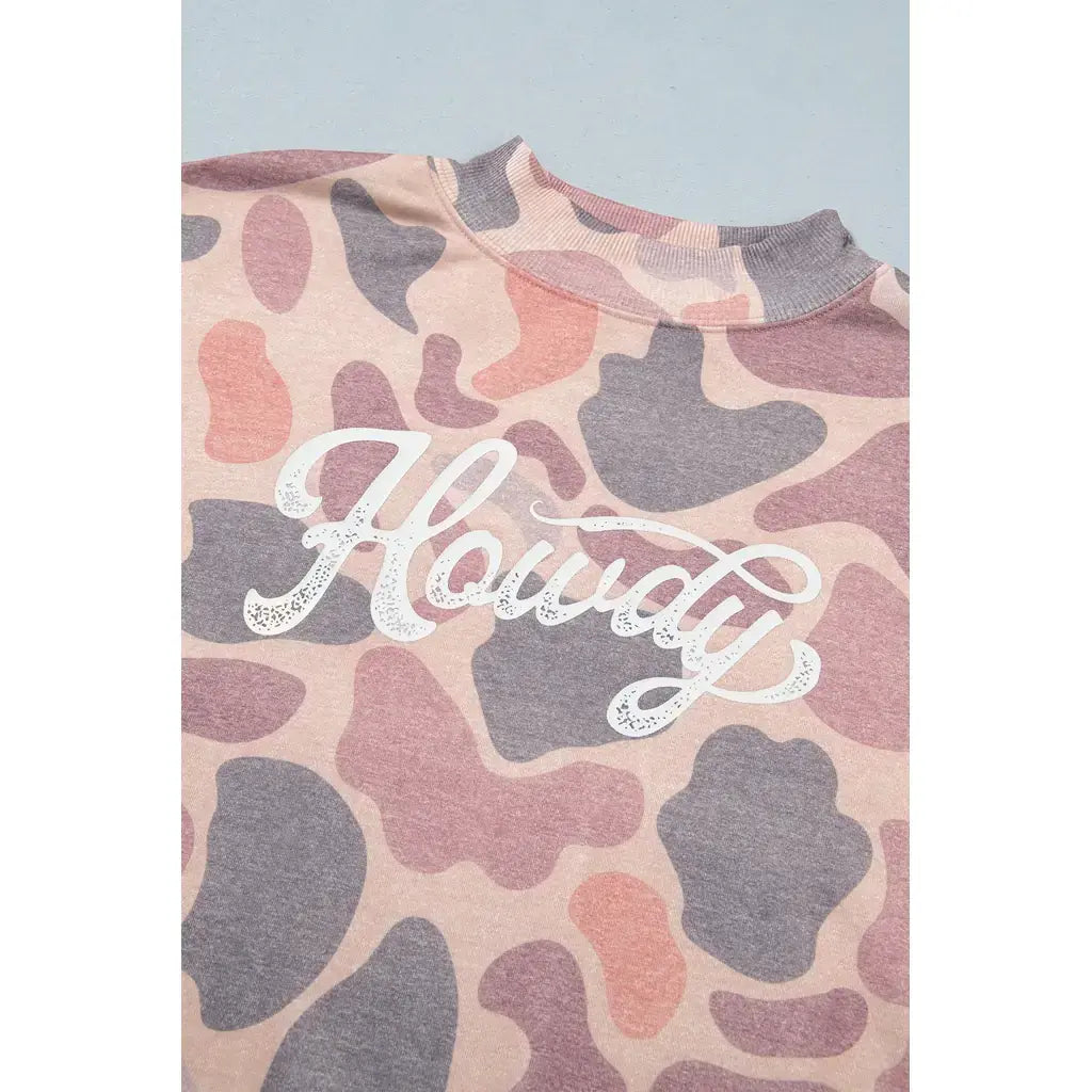 Multicolour Camo Print Howdy Western Style Baggy Pullover Sweatshirt