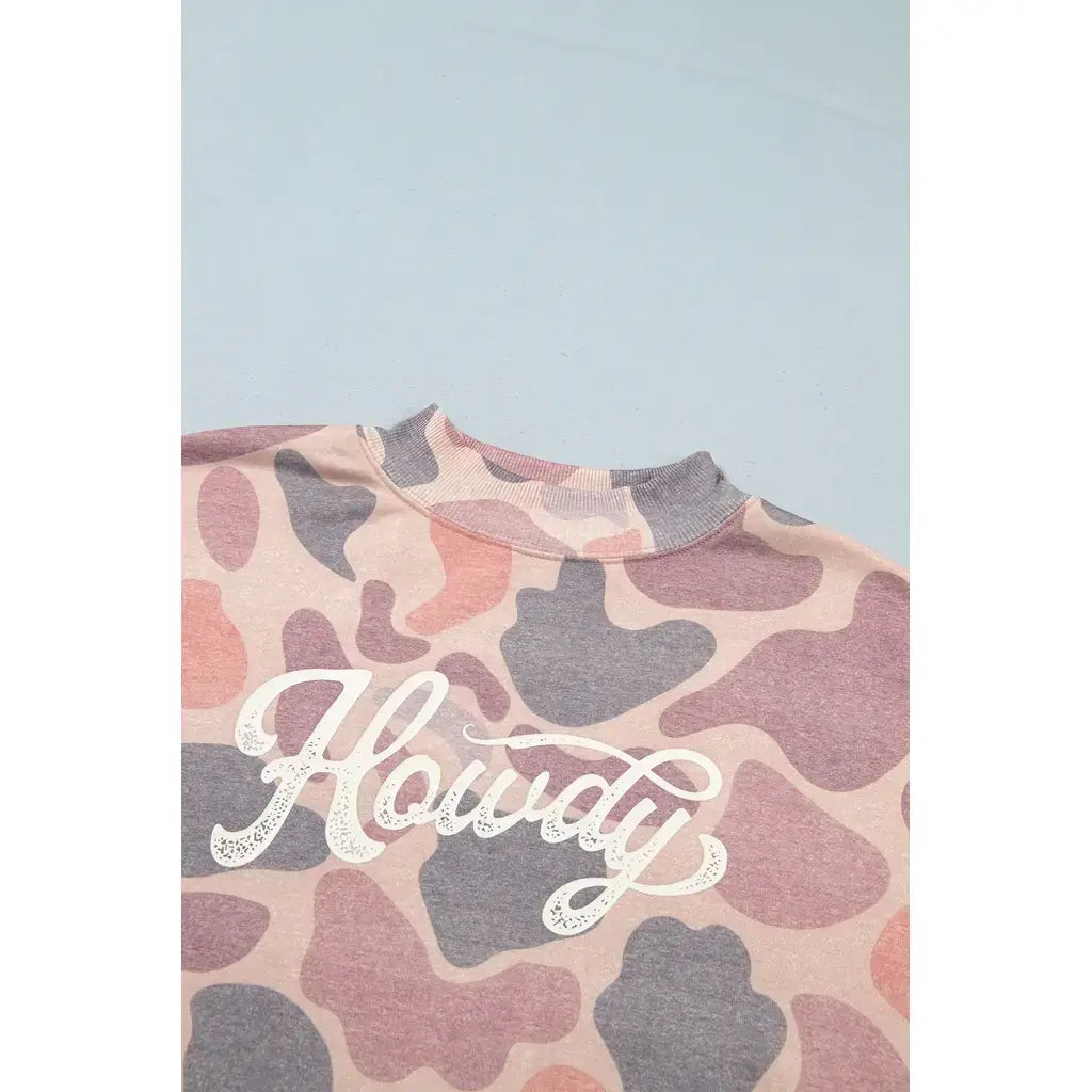 Multicolour Camo Print Howdy Western Style Baggy Pullover Sweatshirt