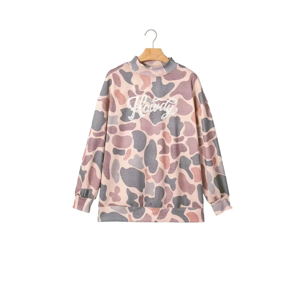 Multicolour Camo Print Howdy Western Style Baggy Pullover Sweatshirt