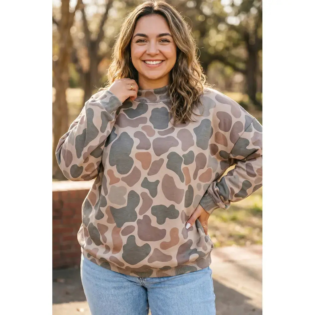 Multicolour Camo Print Ribbed Mock Neck Plus Size Sweatshirt