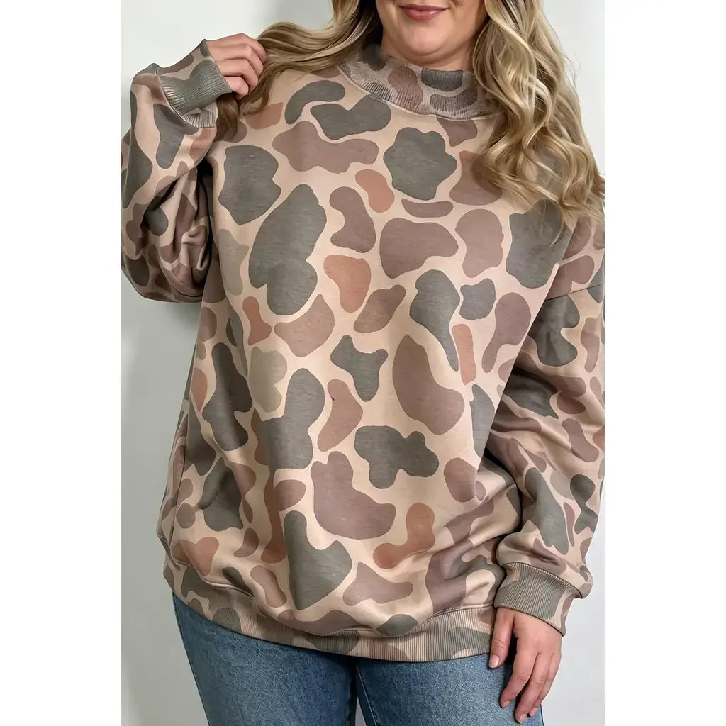 Multicolour Camo Print Ribbed Mock Neck Plus Size Sweatshirt