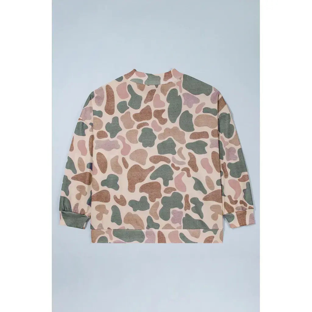 Multicolour Camo Print Ribbed Mock Neck Plus Size Sweatshirt