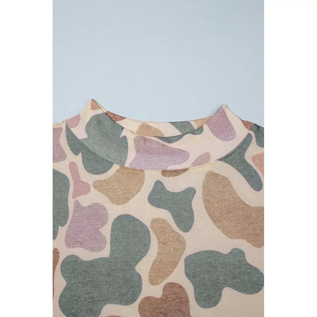 Multicolour Camo Print Ribbed Mock Neck Plus Size Sweatshirt