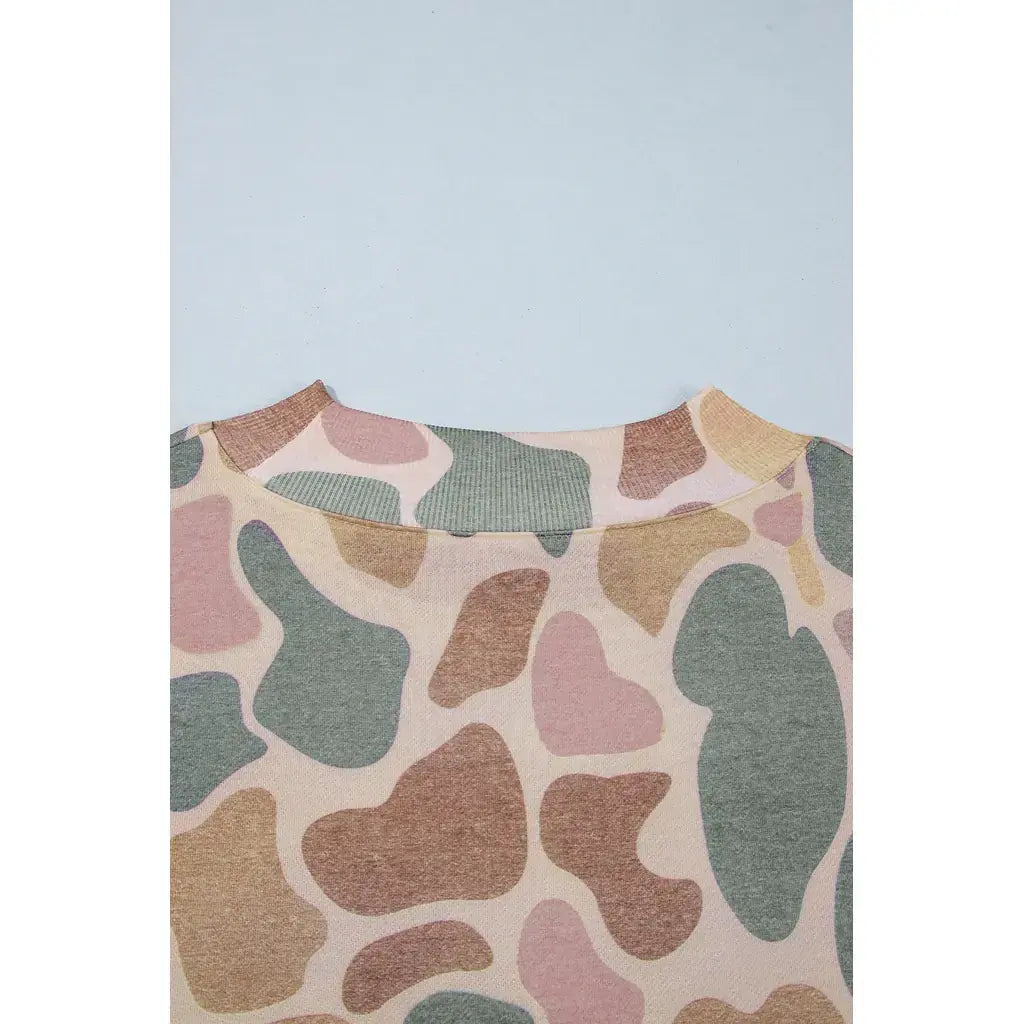 Multicolour Camo Print Ribbed Mock Neck Plus Size Sweatshirt