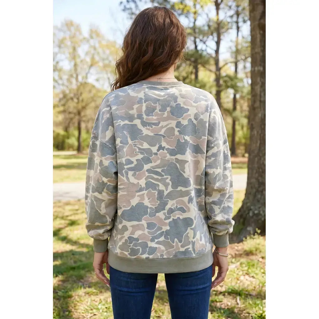 Multicolour Camo Print Ribbed Trim Casual Pullover Sweatshirt
