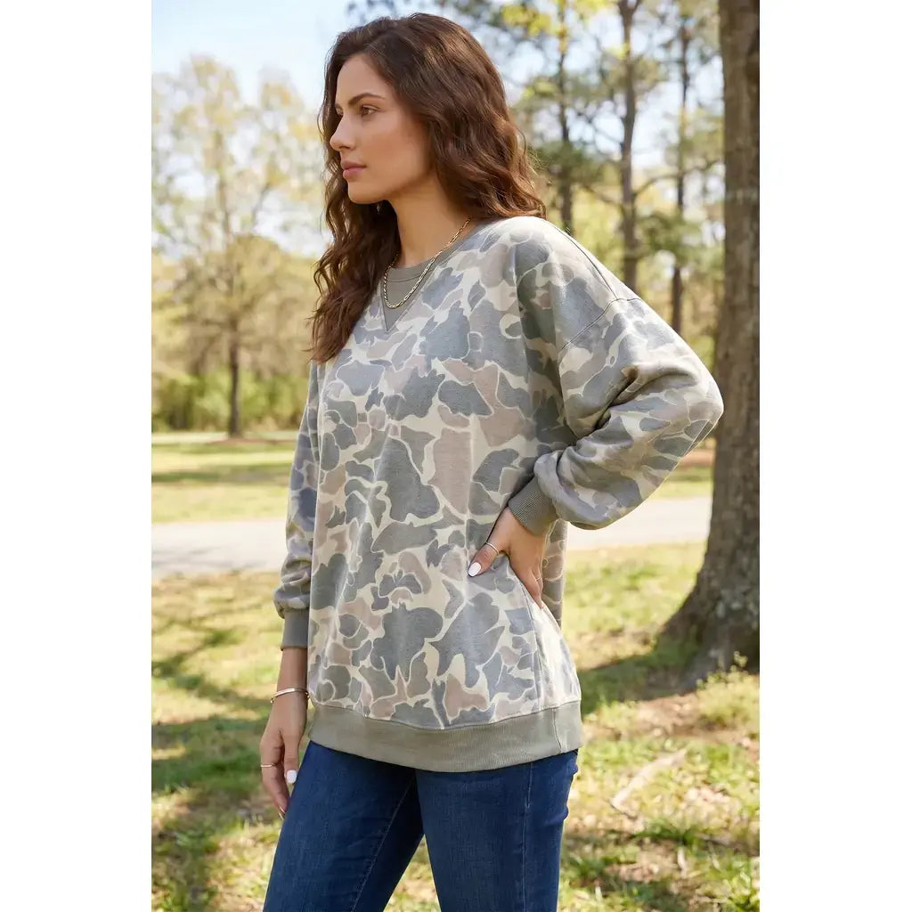 Multicolour Camo Print Ribbed Trim Casual Pullover Sweatshirt