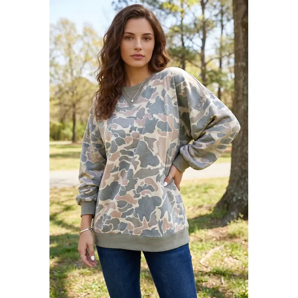 Multicolour Camo Print Ribbed Trim Casual Pullover Sweatshirt