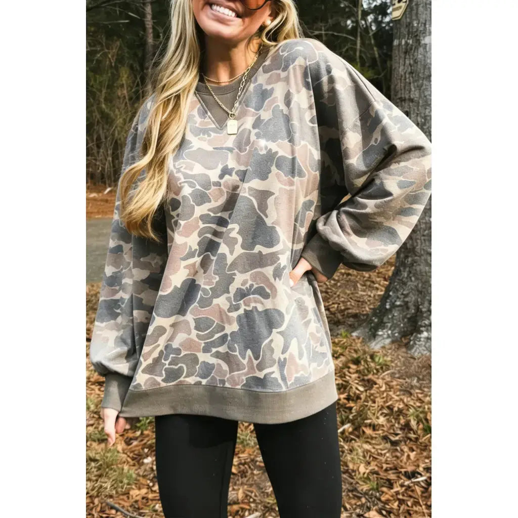 Multicolour Camo Print Ribbed Trim Casual Pullover Sweatshirt