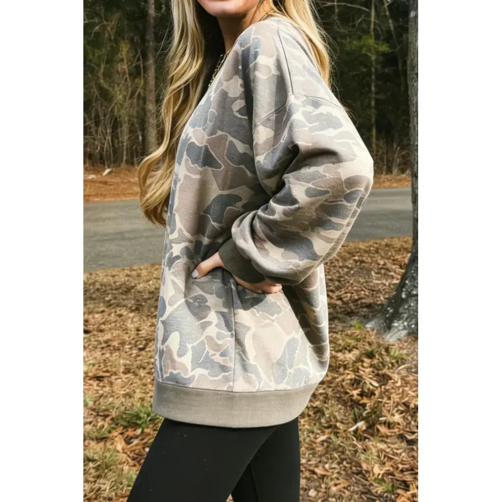 Multicolour Camo Print Ribbed Trim Casual Pullover Sweatshirt