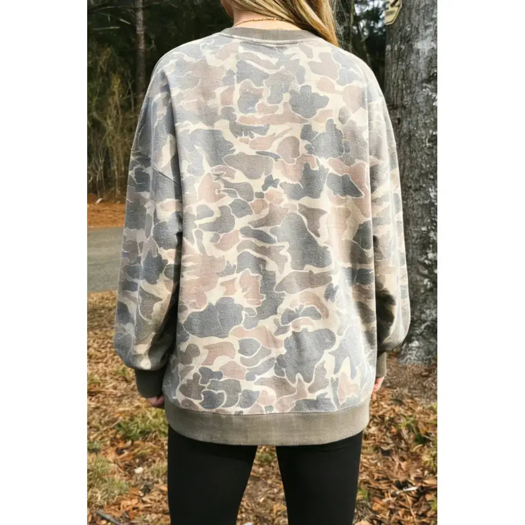 Multicolour Camo Print Ribbed Trim Casual Pullover Sweatshirt