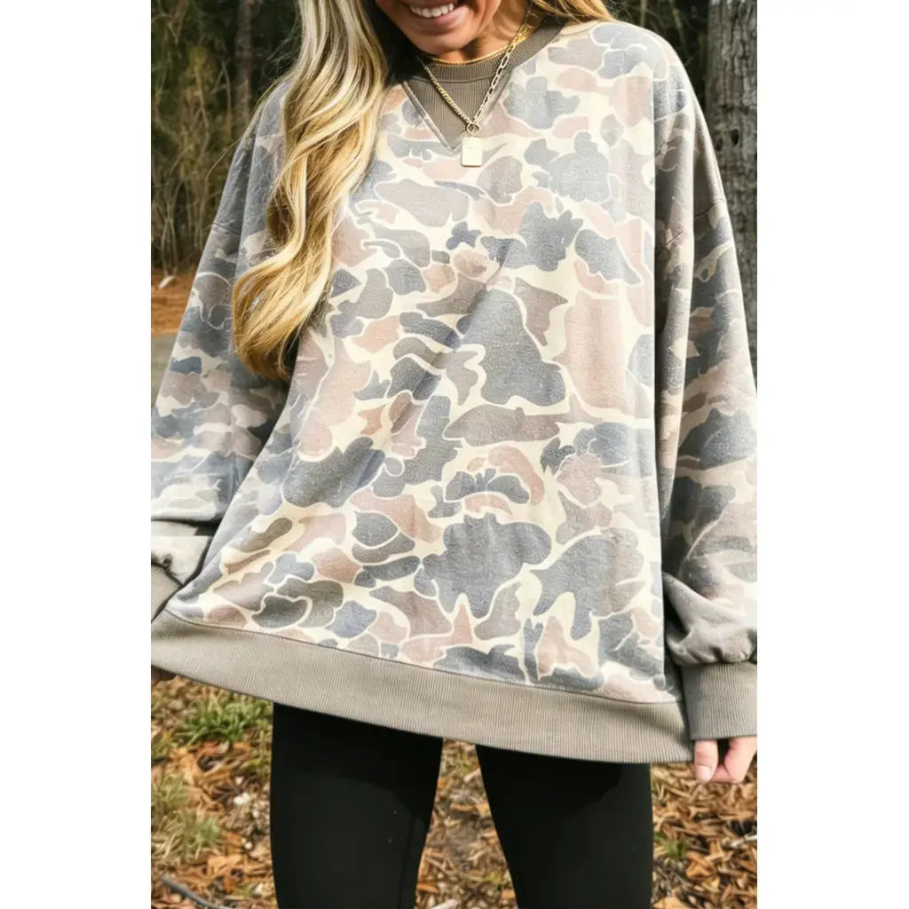 Multicolour Camo Print Ribbed Trim Casual Pullover Sweatshirt