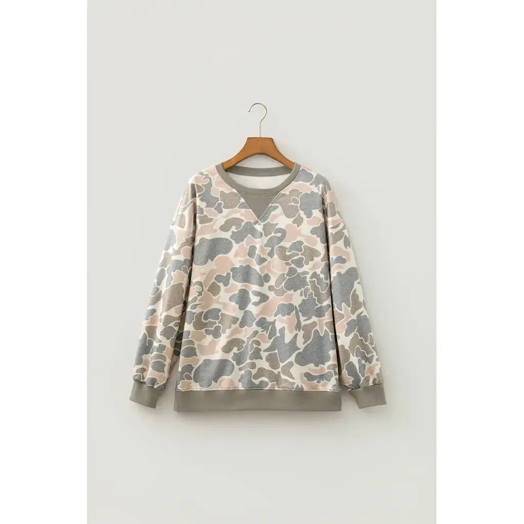 Multicolour Camo Print Ribbed Trim Casual Pullover Sweatshirt
