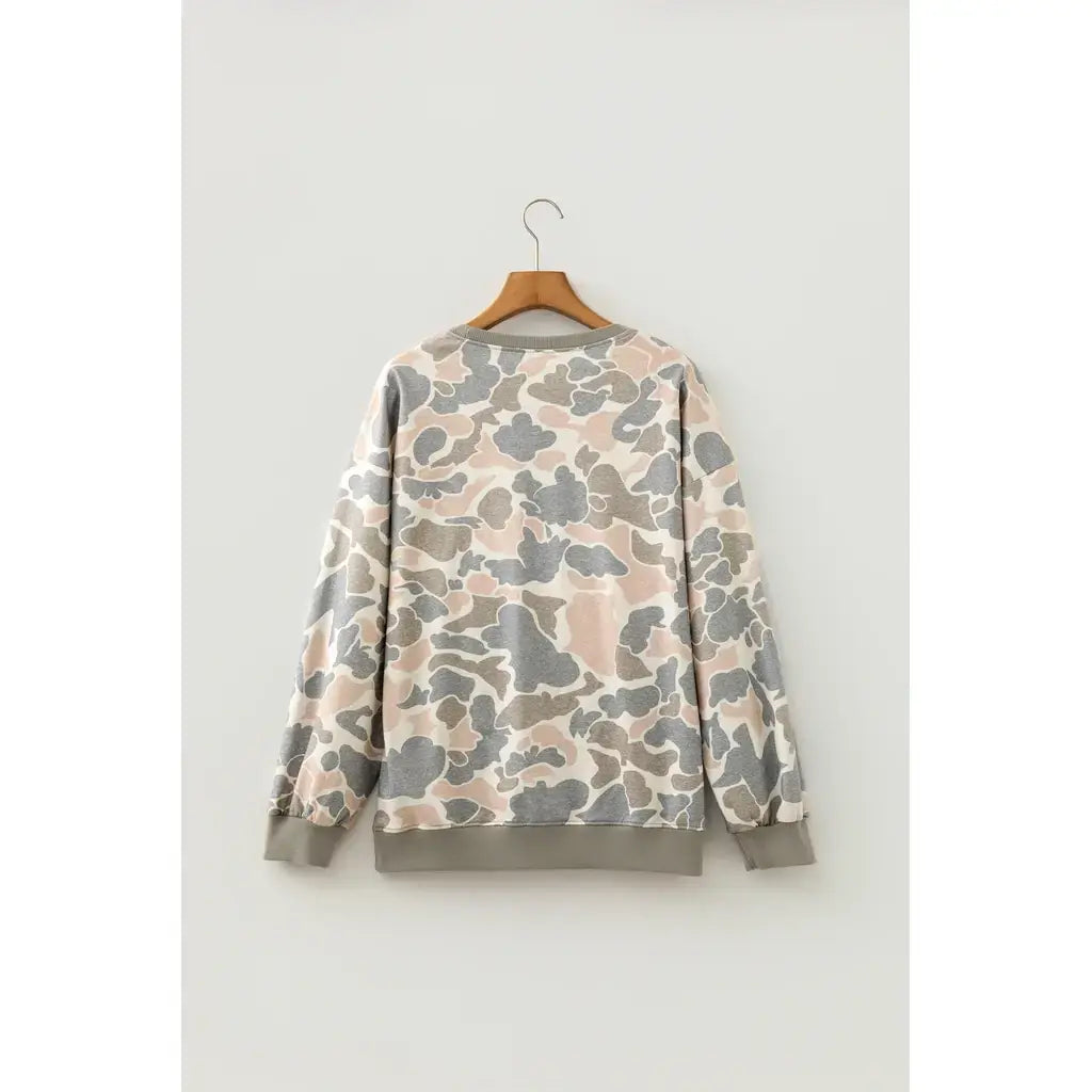 Multicolour Camo Print Ribbed Trim Casual Pullover Sweatshirt