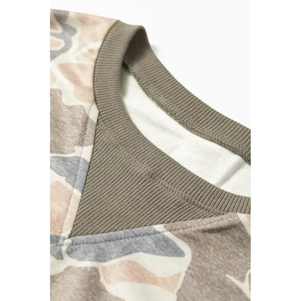 Multicolour Camo Print Ribbed Trim Casual Pullover Sweatshirt