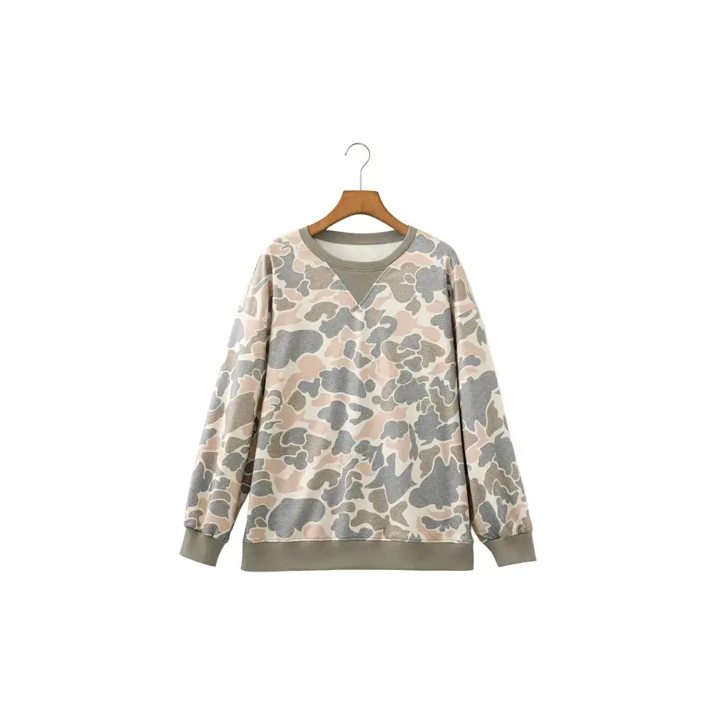 Multicolour Camo Print Ribbed Trim Casual Pullover Sweatshirt