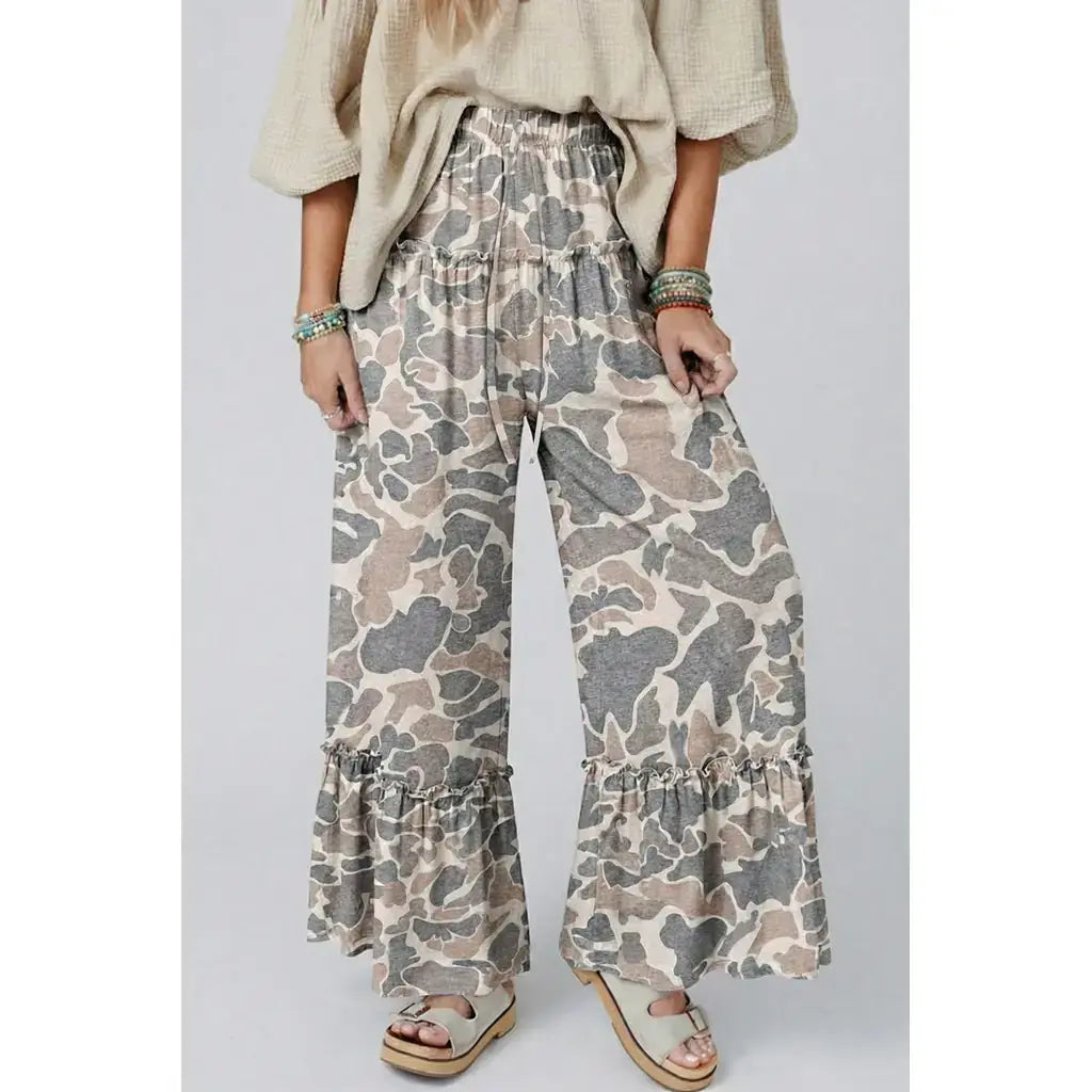 Multicolour Camo Print Wide Leg Casual Pants