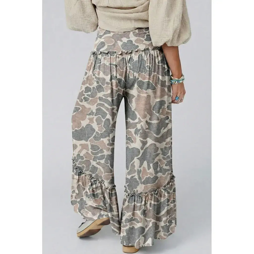 Multicolour Camo Print Wide Leg Casual Pants