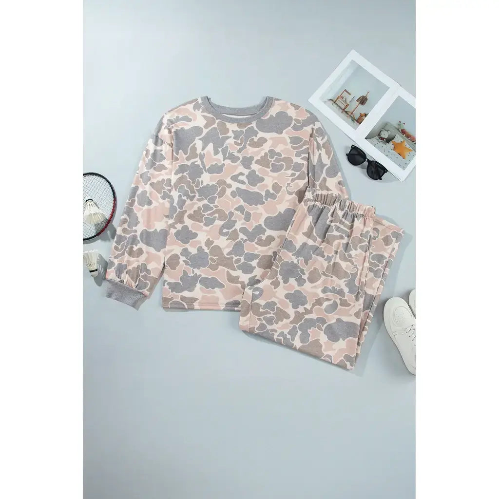 Multicolour Camouflage Long Sleeve Round Neck Two-Piece Plus Size Set