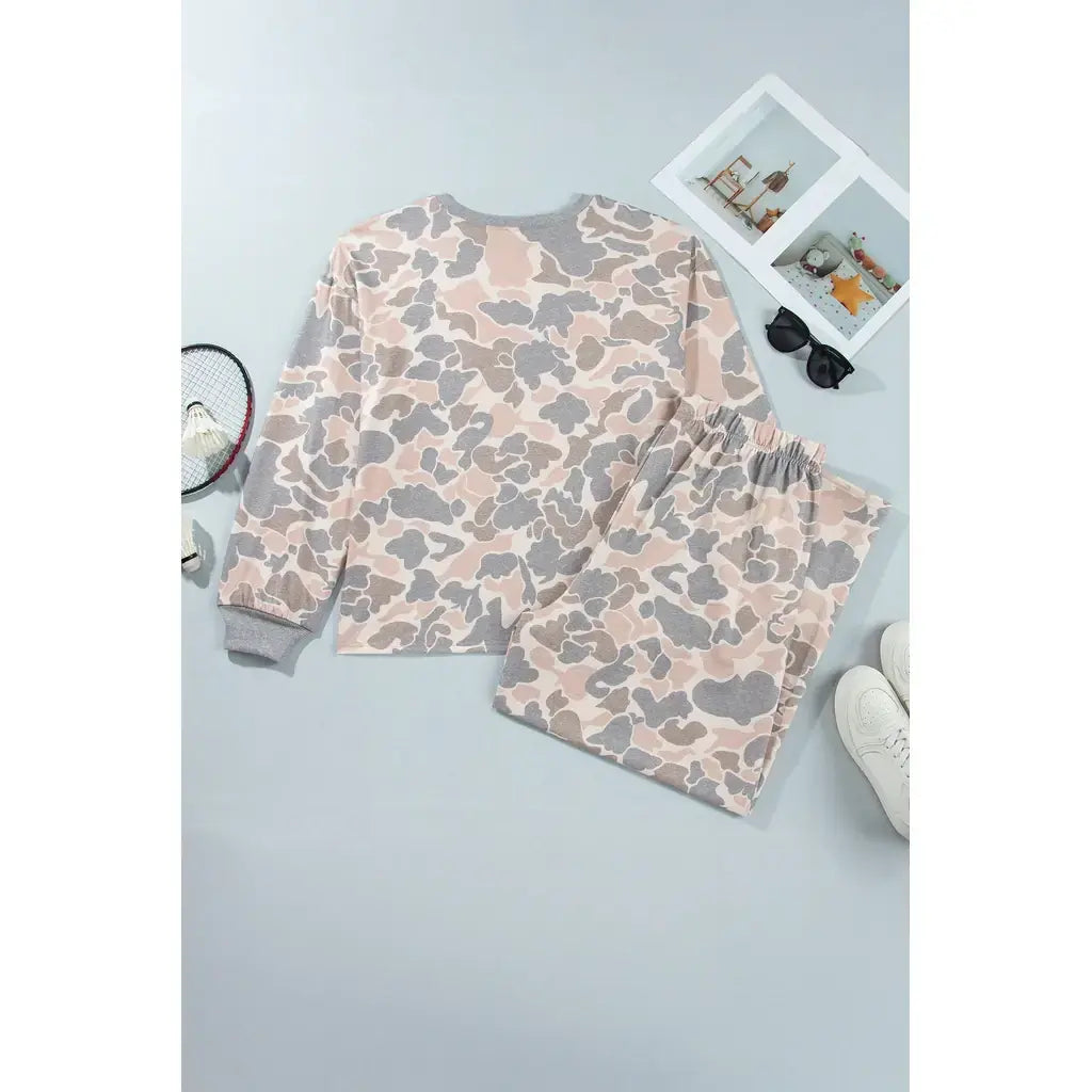 Multicolour Camouflage Long Sleeve Round Neck Two-Piece Plus Size Set