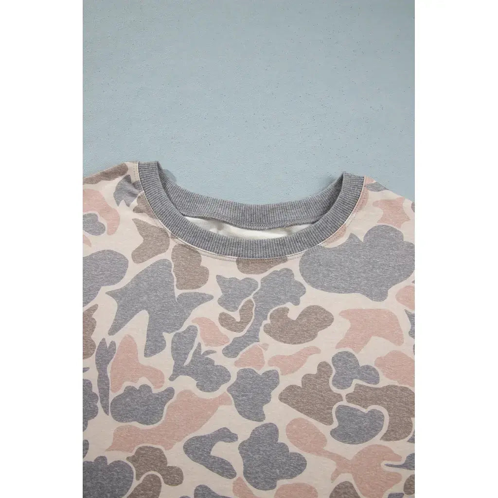 Multicolour Camouflage Long Sleeve Round Neck Two-Piece Plus Size Set