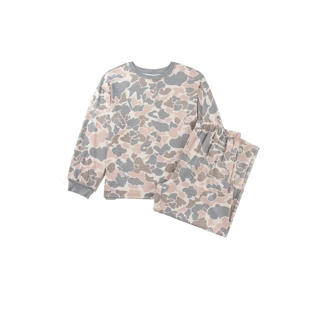 Multicolour Camouflage Long Sleeve Round Neck Two-Piece Plus Size Set