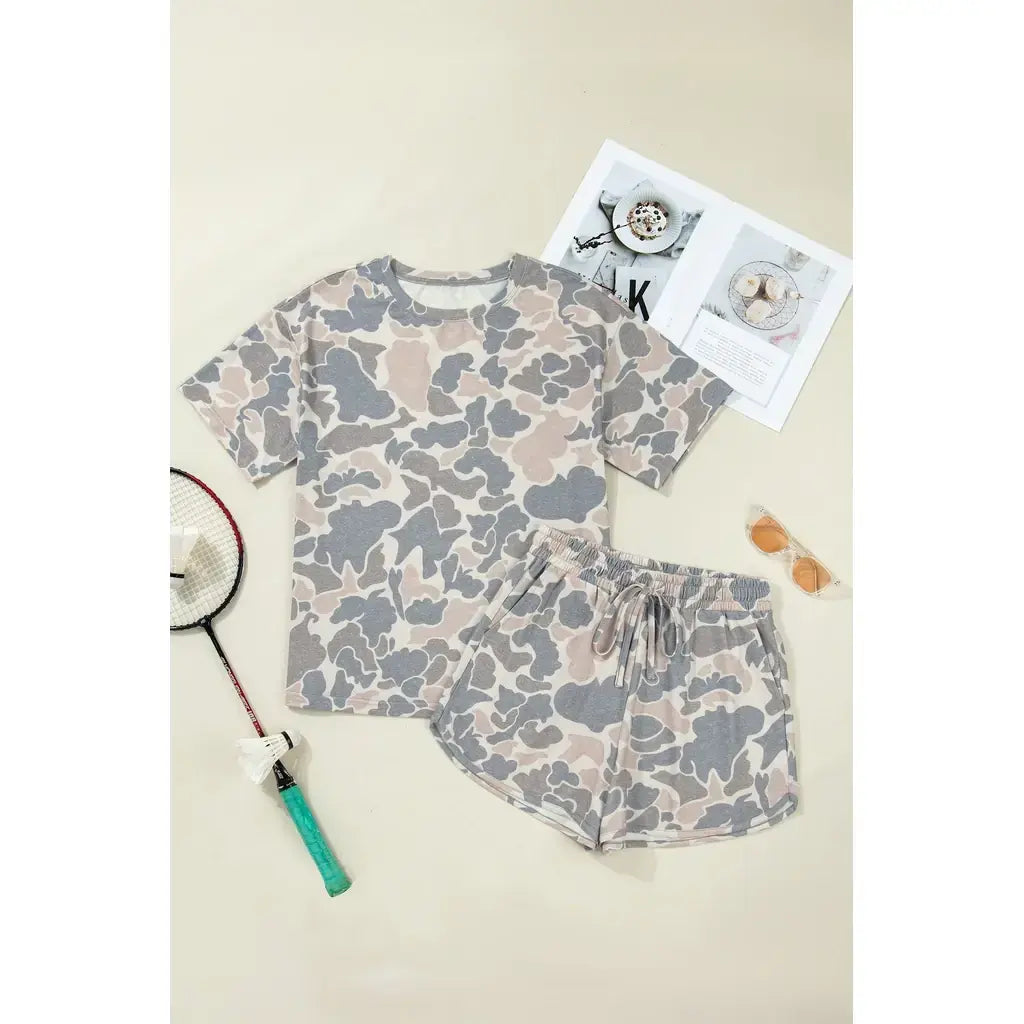 Multicolour Camouflage Loose Tee Drawstring Shorts 2pcs Outfit