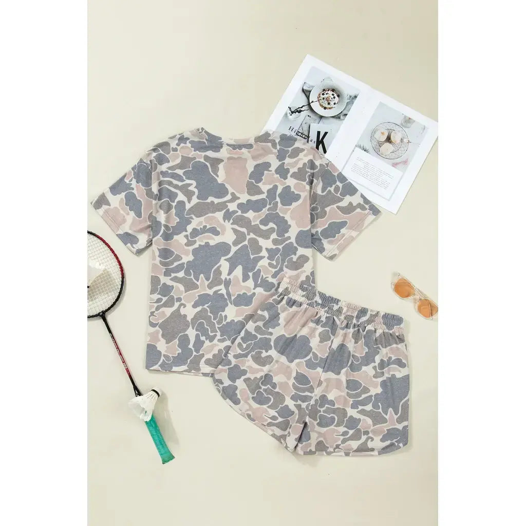 Multicolour Camouflage Loose Tee Drawstring Shorts 2pcs Outfit