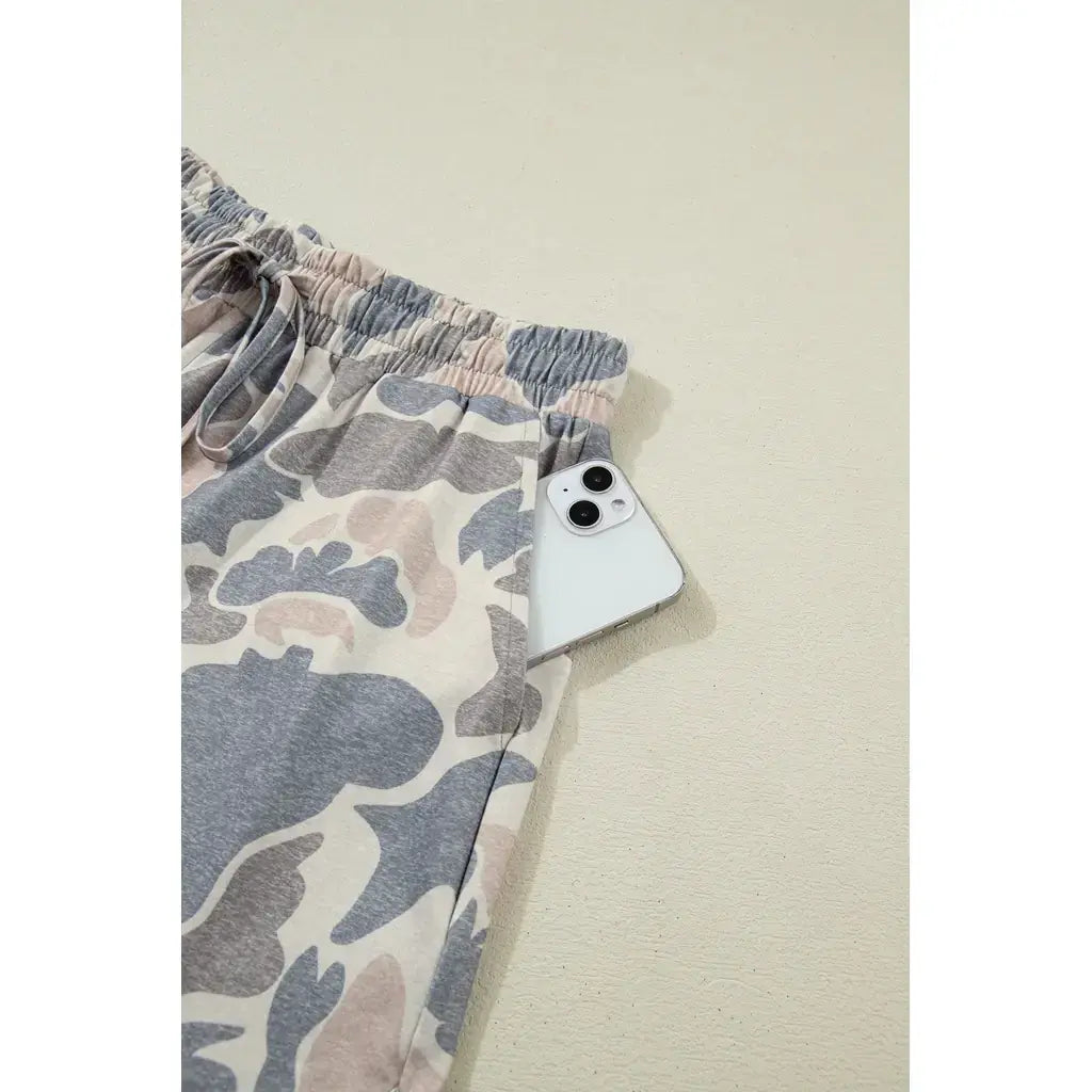 Multicolour Camouflage Loose Tee Drawstring Shorts 2pcs Outfit