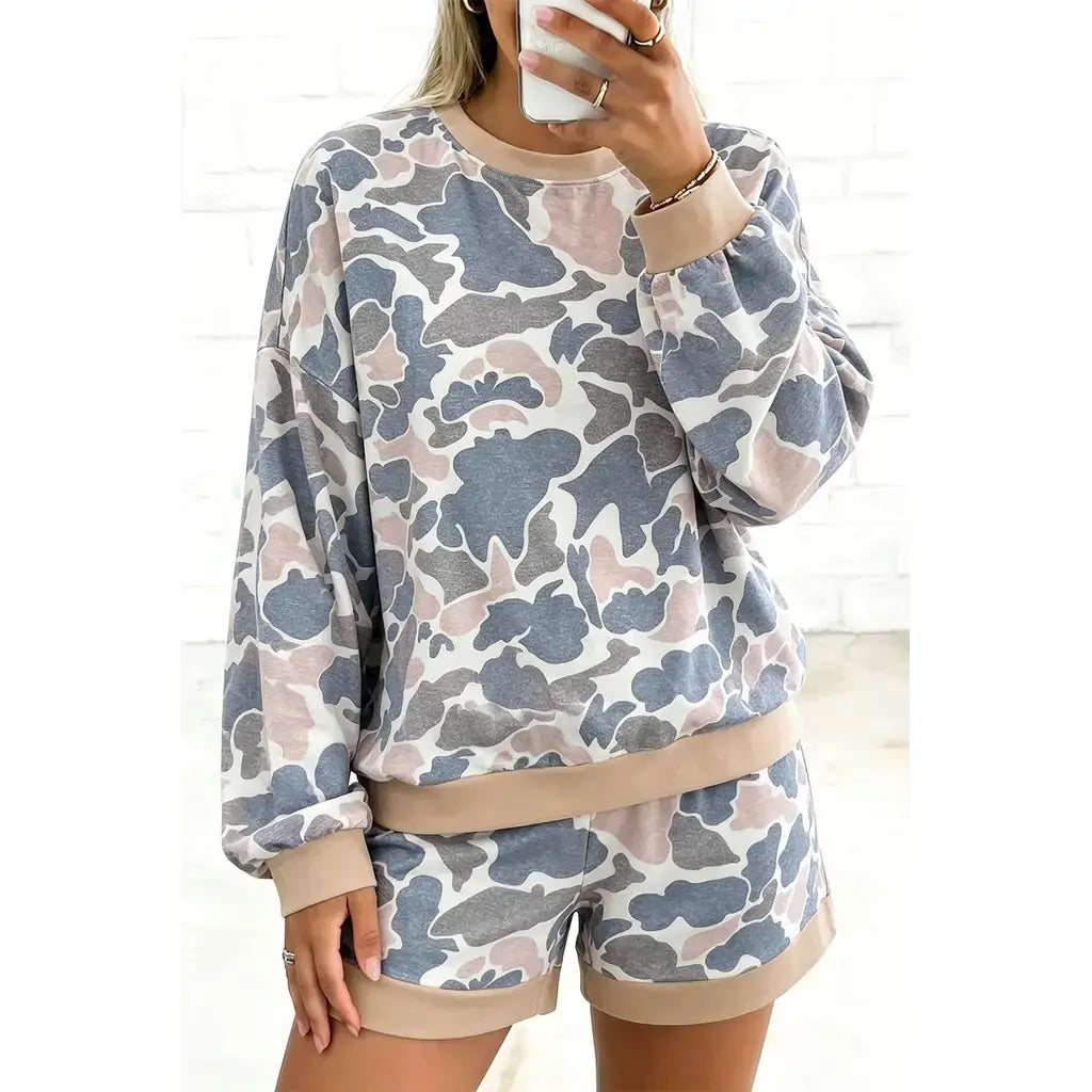 Multicolour Camouflage Patchwork Colorblock 2pcs Long Sleeve Top and Shorts Set